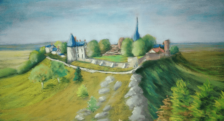 Le village de Sainte-Suzanne, vu du Tertre Ganne, dessiné aux pastels