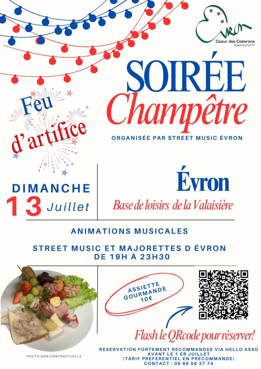 Repas champêtre , animations STREET MUSIC EVRON, danses suivi du feu d’artifice
